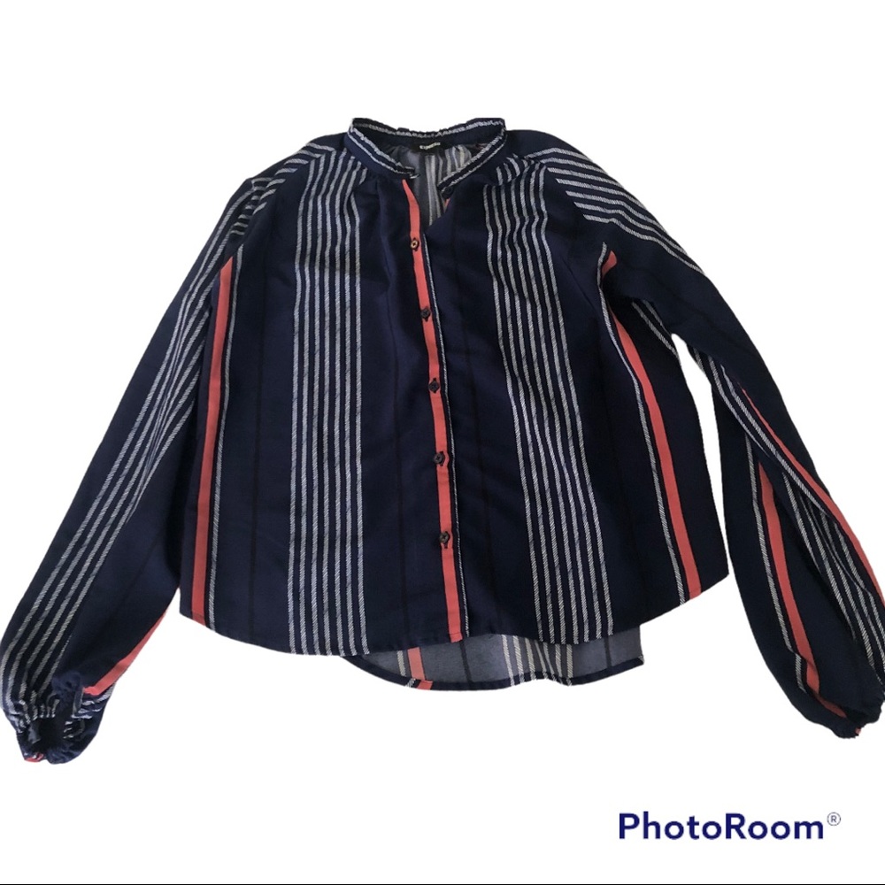 Express navy buttons down blouse long sleeve white pink stripes